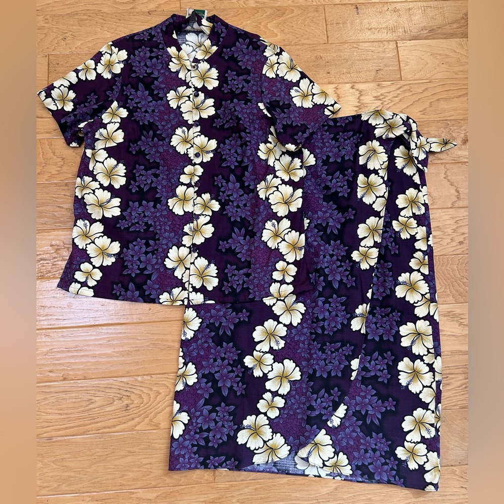 Hilo Hattie Floral Hibiscus Bark Cloth Top & Skirt Set 1 XL Purple White Midi